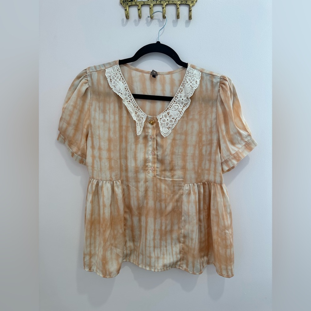 FARM RIO, Orange and White tie die, Peplum Blouse with Peter Pan Collar, Size G